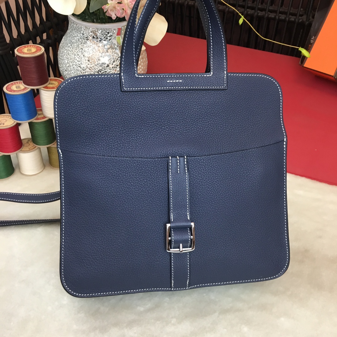 Hermes Halzan 31 Handbag Shoulder Bag In Blue Nuit Clemence Leather